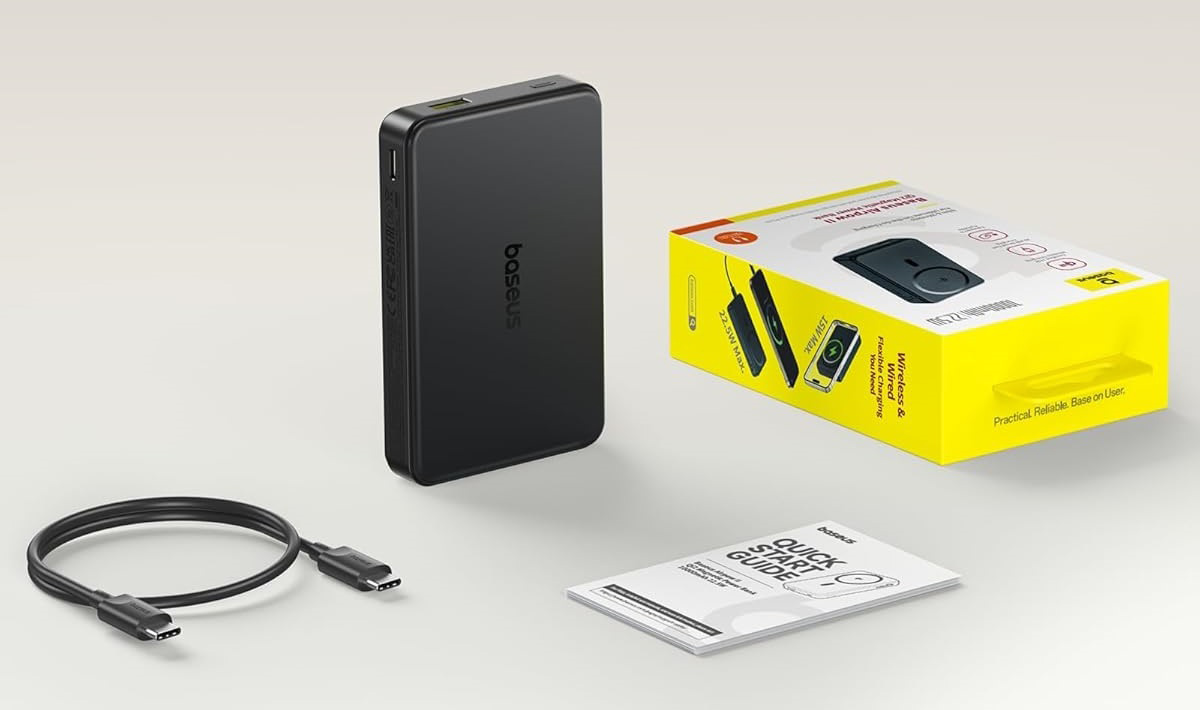 بسته‌بندی پاوربانک وایرلس مگنتی بیسوس Airpow Qi2 10000mAh 22.5W مدل PPWPQ10-20به‌همراه کابل شارژ و دفترچه راهنمای کاربر